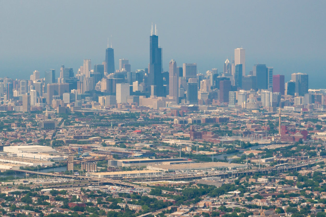 Aerial view of a smoggy cityscape