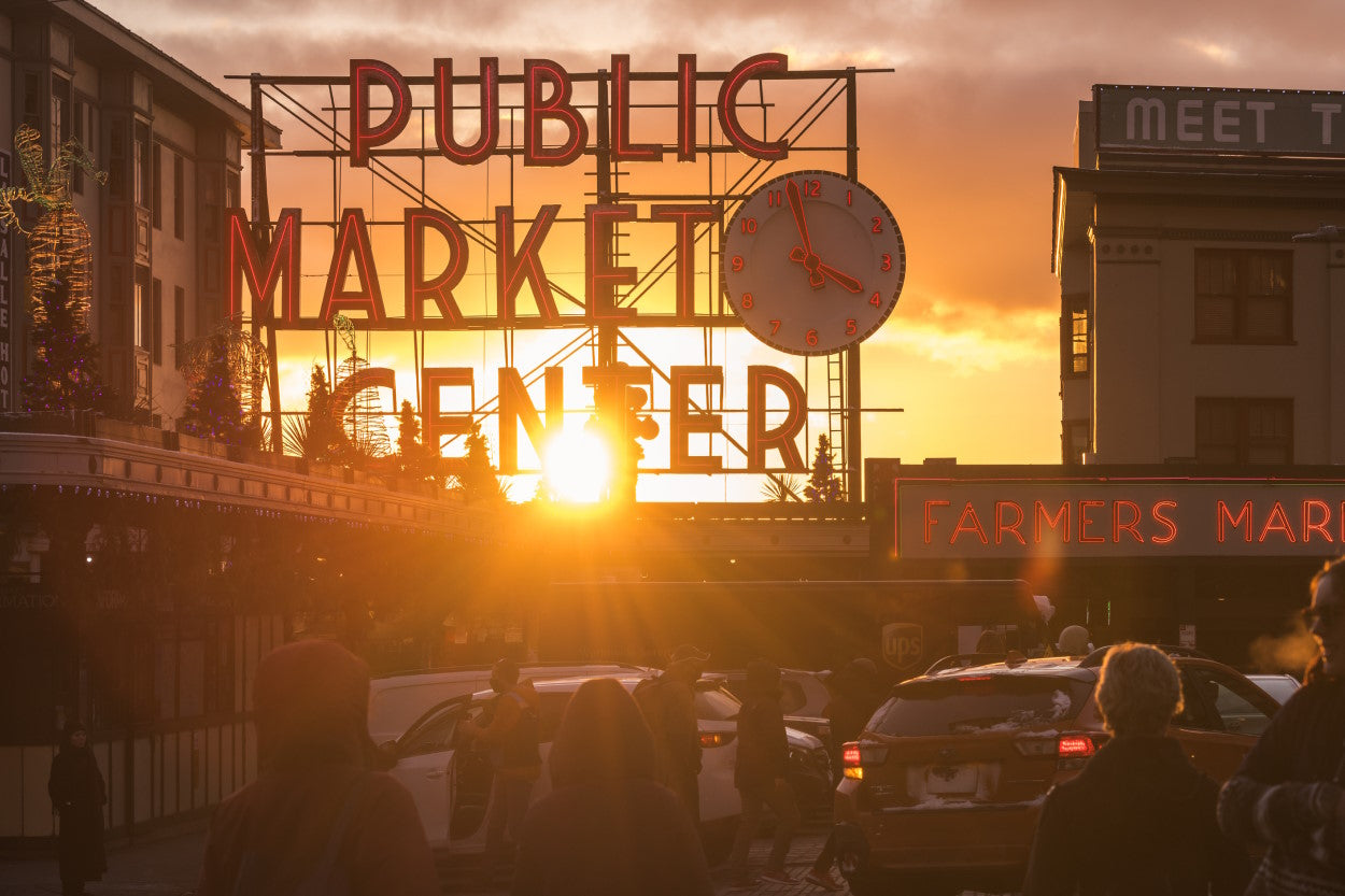 Sunset photograph of Seattle's Public Market Center sign