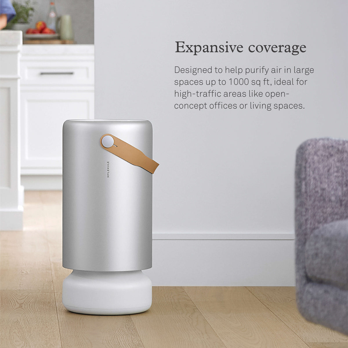 Molekule Air Pro air purifier in a bright home. Expansive coverage. Designed to help purify air in large spaces up to 1000 sq ft, ideal for high-traffic areas like open-concept offices or living spaces.