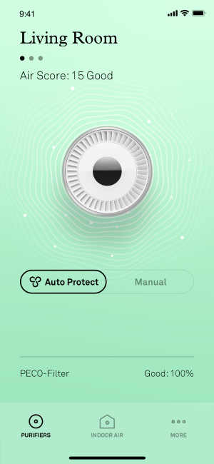 The Molekule air purifier app showing readout for Living Room Molekule Air Pro