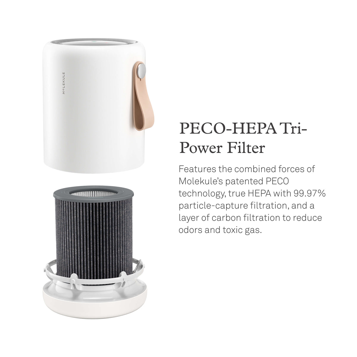 Molekule Air Mini air purifier and replacement filter. PECO-HEPA Tri-Power Filter. Features the combined forces of Molekule’s patented PECO technology, true HEPA with 99.97% particle-capture filtration, and a layer of carbon filtration to reduce odors and toxic gas.
