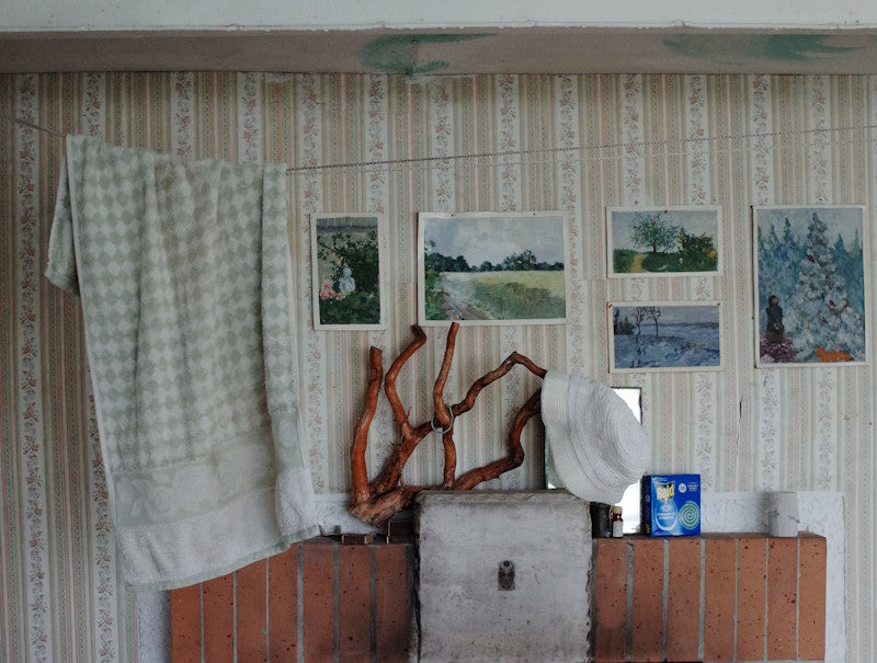 A towel hanging in a kitschy living room